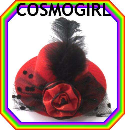 FREE SHIPPING - HAIR ACCESSORY - CLIP ON HAT WITH A ROSE, NET & FEATHERS - 10cm