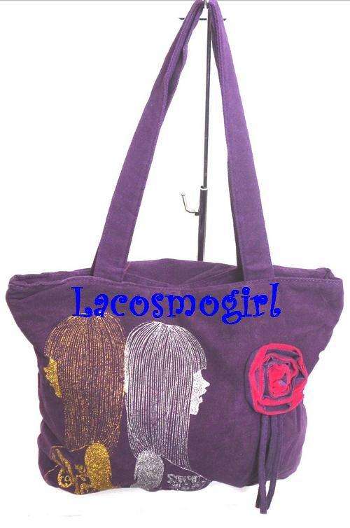PURPLE SOFT CORDUROY FABRIC FUNKY PRINT HANDBAG - 42cm X 35cm