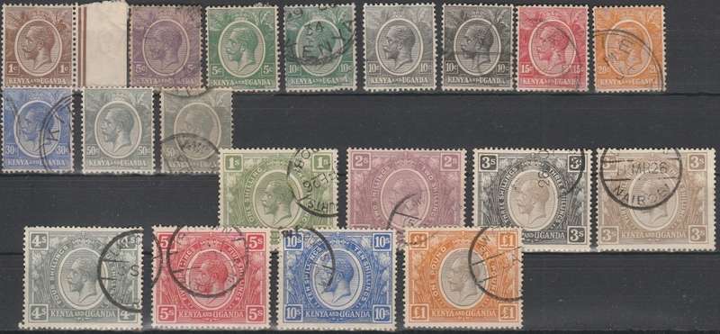 KENYA AND UGANDA : 1922: 1c-£1: USED INCL SCARCE ERROR OF COLOUR OF 3s STAMP