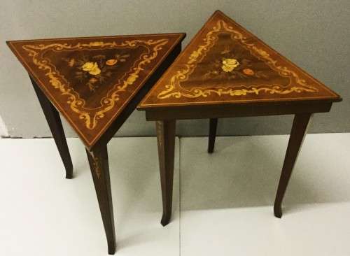 Pair of Gorgeous Vintage Reuge Musical Triangle Tables in Italian Marquetry!!! VALUE R9000!!!!!!