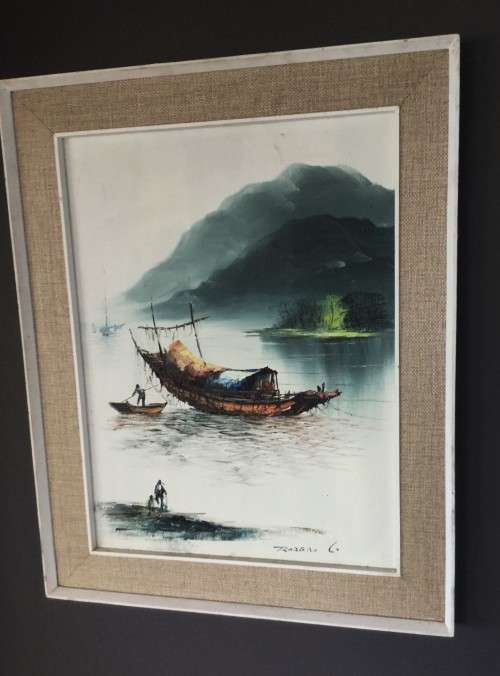 BEAUTIFUL VINTAGE SIGNED OIL ON BOARD ORIENTAL STYLE MAN AND BOAT!!! *DETAILED WORK*