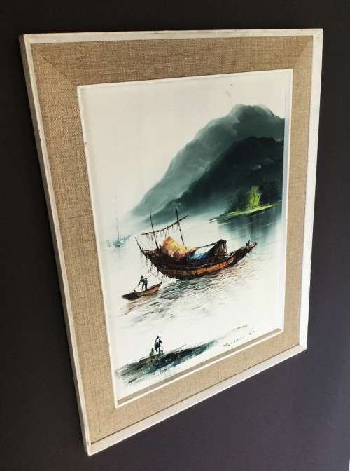 BEAUTIFUL VINTAGE SIGNED OIL ON BOARD ORIENTAL STYLE MAN AND BOAT!!! *DETAILED WORK*