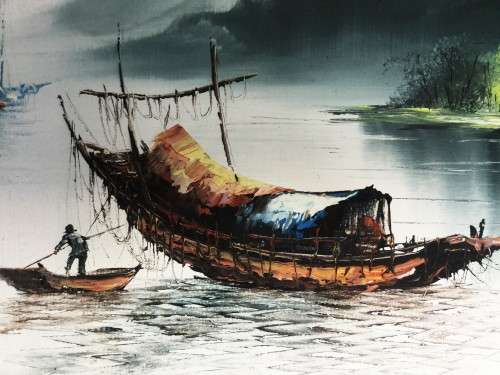 BEAUTIFUL VINTAGE SIGNED OIL ON BOARD ORIENTAL STYLE MAN AND BOAT!!! *DETAILED WORK*