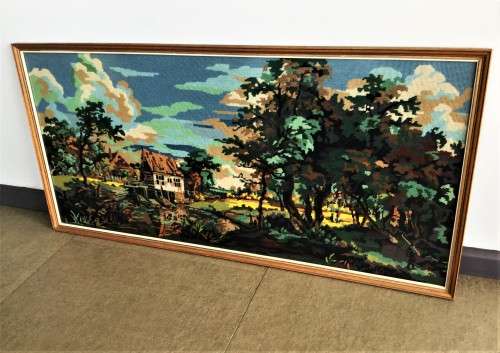 LARGE GLASS FRAMED TAPESTRY LANDSCAPE SCENE! *HAND-MADE*