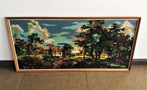 LARGE GLASS FRAMED TAPESTRY LANDSCAPE SCENE! *HAND-MADE*