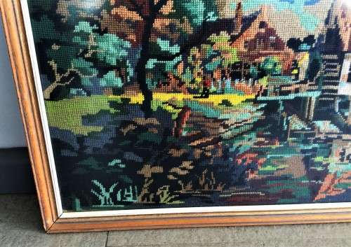 LARGE GLASS FRAMED TAPESTRY LANDSCAPE SCENE! *HAND-MADE*