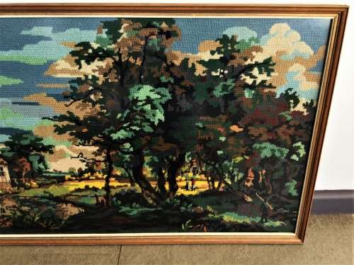 LARGE GLASS FRAMED TAPESTRY LANDSCAPE SCENE! *HAND-MADE*