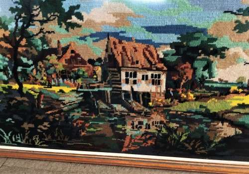 LARGE GLASS FRAMED TAPESTRY LANDSCAPE SCENE! *HAND-MADE*