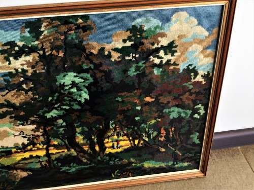 LARGE GLASS FRAMED TAPESTRY LANDSCAPE SCENE! *HAND-MADE*