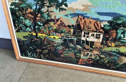 LARGE GLASS FRAMED TAPESTRY LANDSCAPE SCENE! *HAND-MADE*