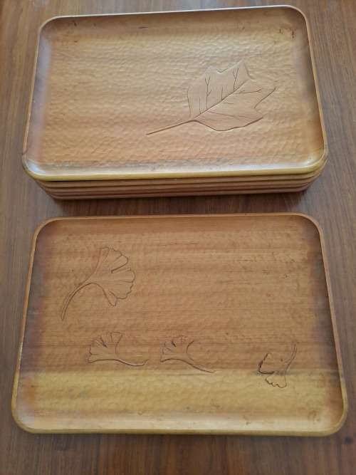 Six Wooden Carved Lap Trays - hand carved
