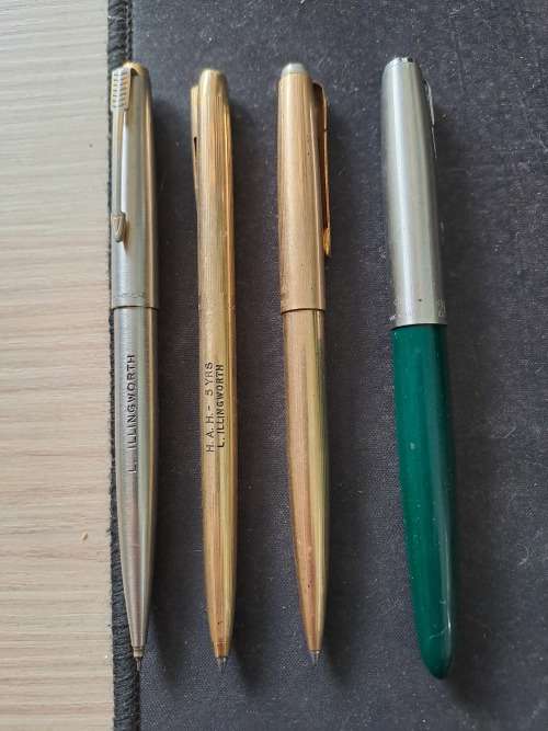 Lot of Pens - 1 Parker Fountain Pen, 1 Ballpoint, 1 Pencil & I Ball Point Shaffer Pen 12k - engraved
