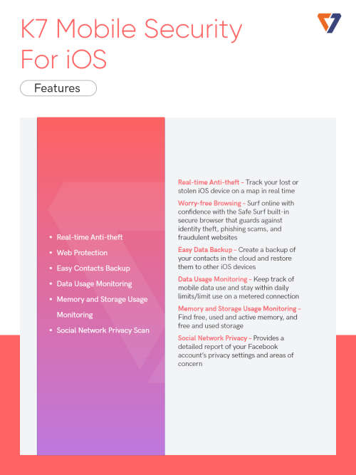 K7 Mobile Security for IOS Software 2021 for iPhone,iPads|1 User,1 Year-Email Delivery