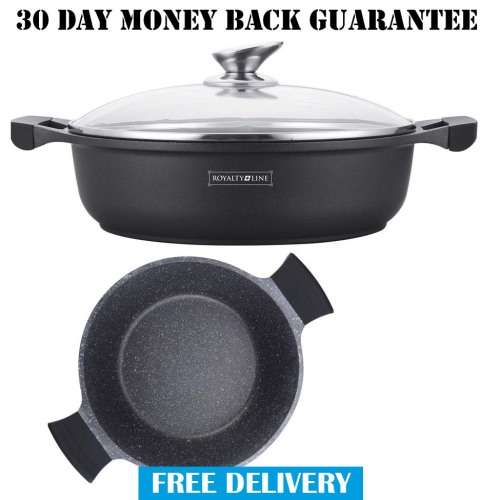 Royalty Line Marble Coating 30cm Shallow Low Wide Casserole Pot With Glass Lid Black Swiss madw