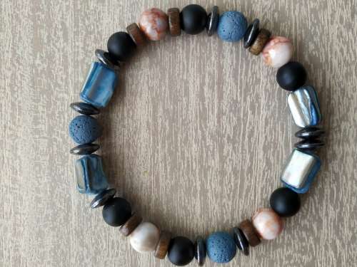 Mixed Stones and Wood Beaded Bracelet, Boho Style - 8mm