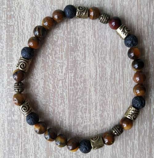 Tiger`s Eye and Lava Rock Beaded Bracelet - 6mm