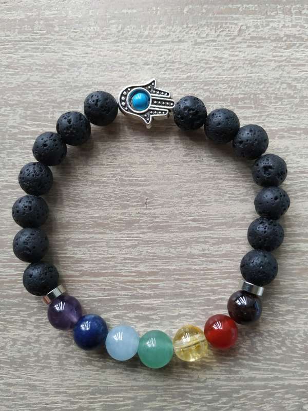 Chakra Bracelet with Lava Rock and Hand charm - 8mm