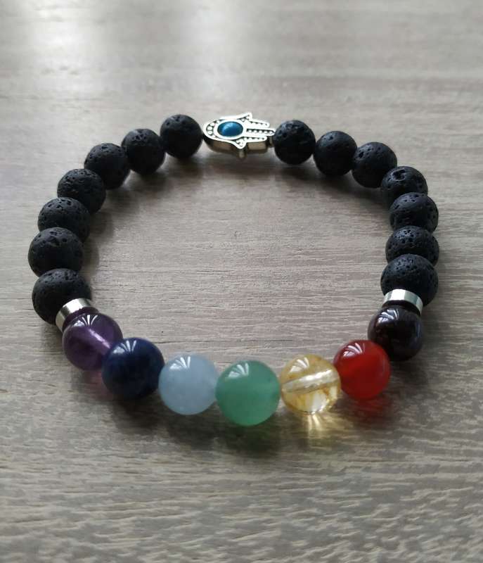 Chakra Bracelet with Lava Rock and Hand charm - 8mm