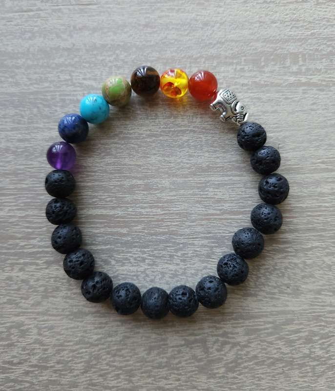Chakra Bracelet with Lava Rock and Elephant charm - 8mm