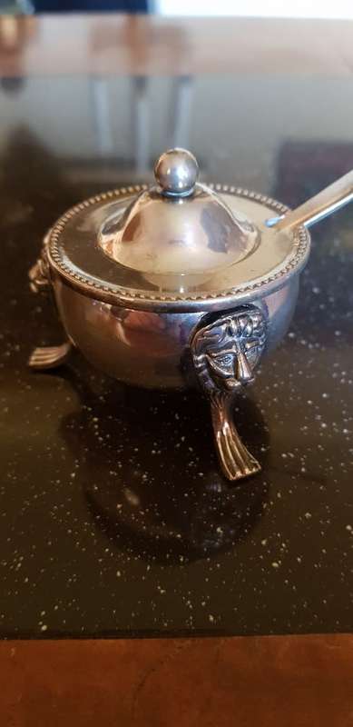 Sliver Mustard Pot plus serving spoon 5 cm Tall