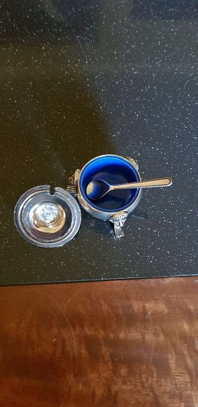 Sliver Mustard Pot plus serving spoon 5 cm Tall