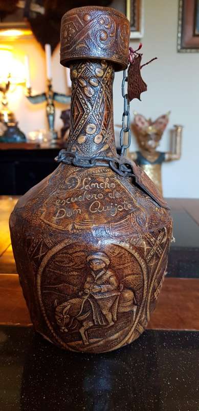Vintage Jeype Goat Leather Strapped Bottle Featuring Don Qui-jote