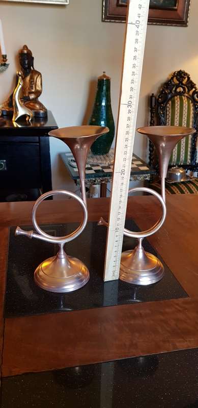 Two Antique Brass Trumpet Candelabra