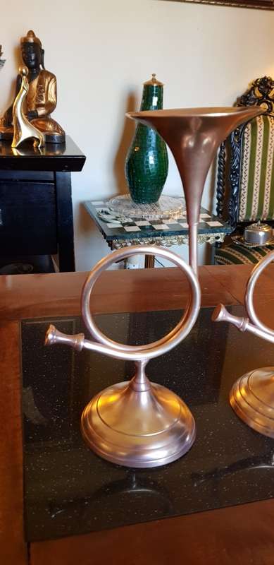 Two Antique Brass Trumpet Candelabra