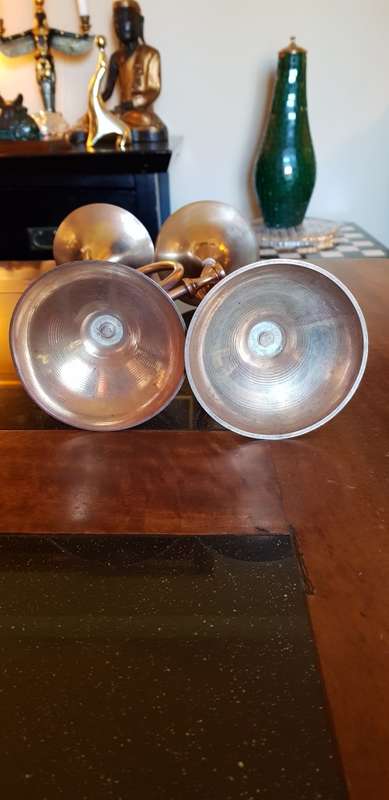 Two Antique Brass Trumpet Candelabra