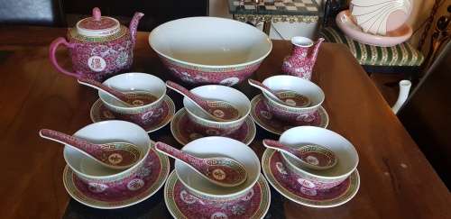 Vintage Mun Shao Porcelain Tea Pot Plus Serving Bowl and more