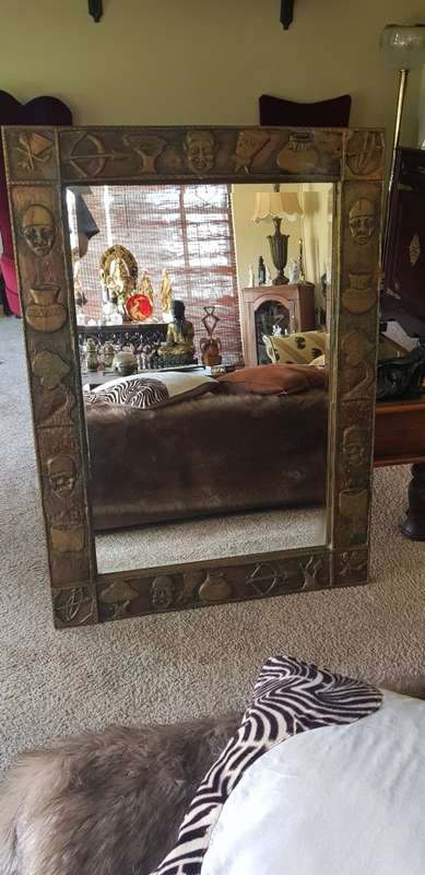 Large Ornate Hand Carved Wooden Mirror. African Theme