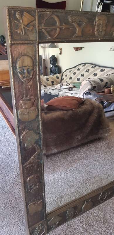 Large Ornate Hand Carved Wooden Mirror. African Theme