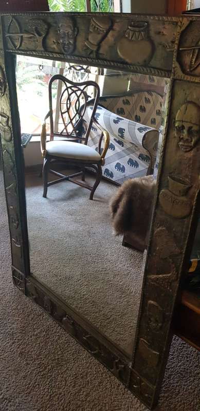 Large Ornate Hand Carved Wooden Mirror. African Theme