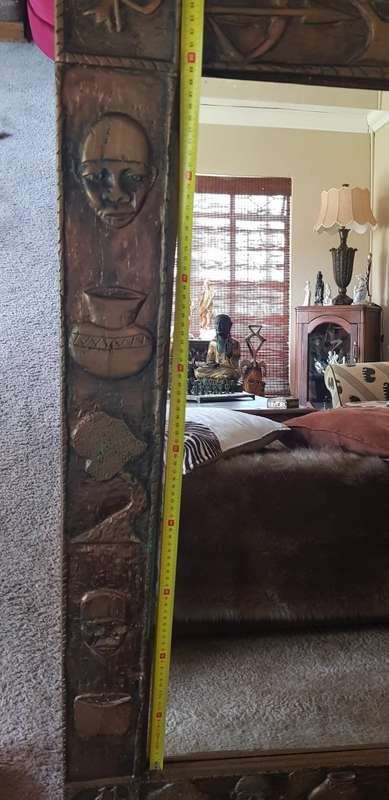 Large Ornate Hand Carved Wooden Mirror. African Theme