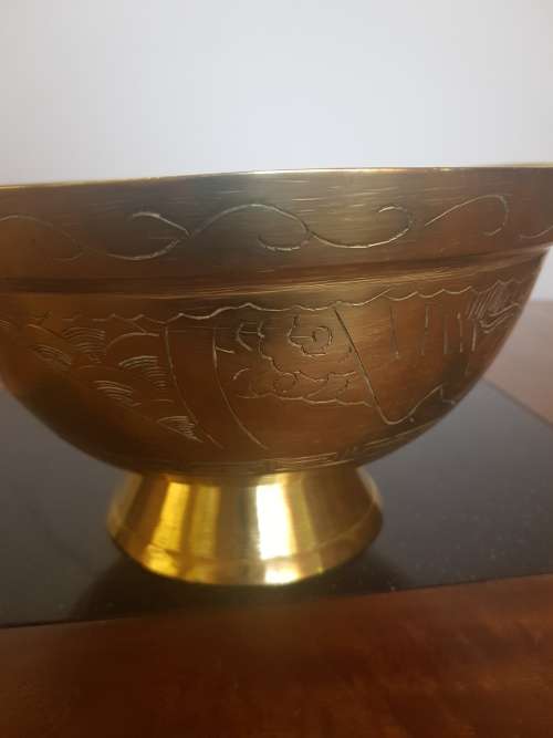 Large Oriental Solid Brass Bowl Marked China.