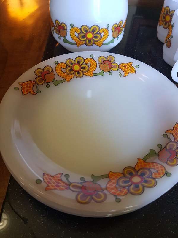 Rare Vintage Schott Jena Glass decanter, 6 plates. 6 cups and saucers. Marked