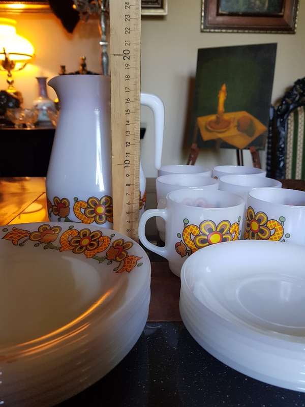 Rare Vintage Schott Jena Glass decanter, 6 plates. 6 cups and saucers. Marked