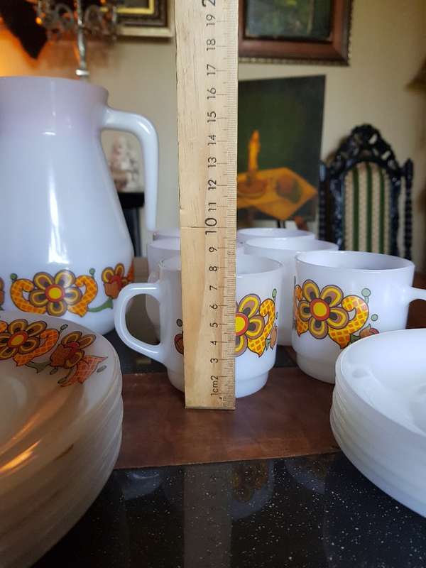 Rare Vintage Schott Jena Glass decanter, 6 plates. 6 cups and saucers. Marked