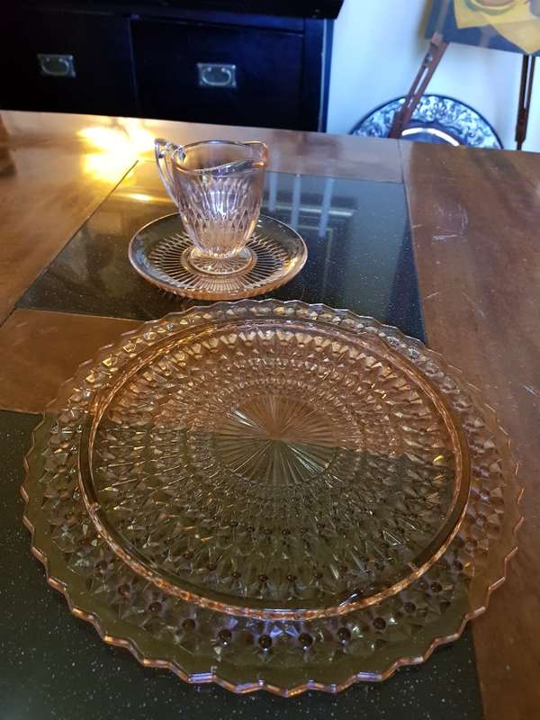 Beautiful Pink Depression Glass Cake Plate & Milk Jug Duo