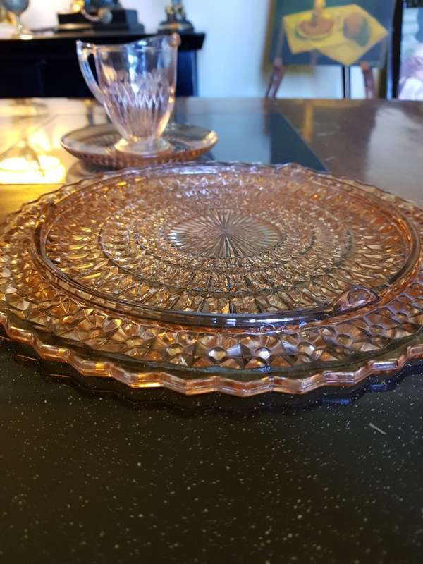 Beautiful Pink Depression Glass Cake Plate & Milk Jug Duo