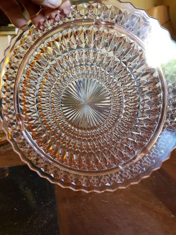 Beautiful Pink Depression Glass Cake Plate & Milk Jug Duo