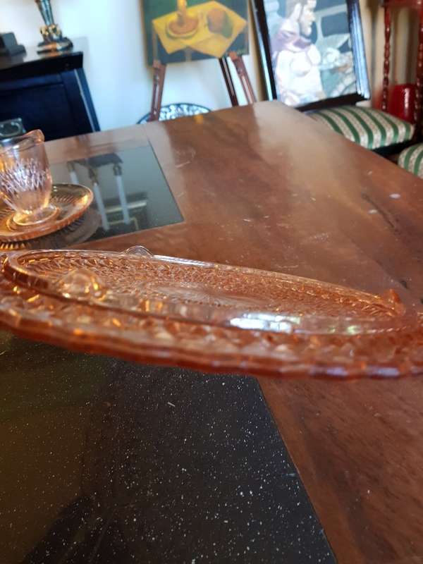 Beautiful Pink Depression Glass Cake Plate & Milk Jug Duo