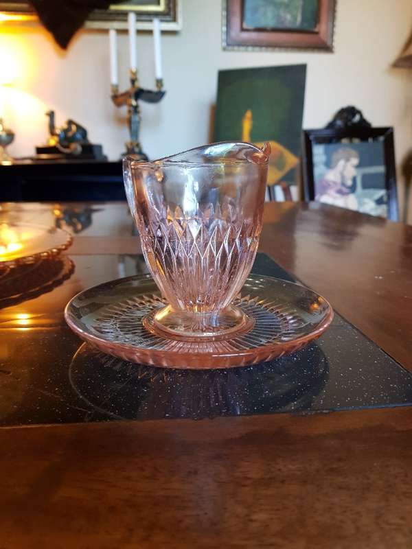 Beautiful Pink Depression Glass Cake Plate & Milk Jug Duo