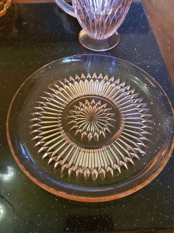 Beautiful Pink Depression Glass Cake Plate & Milk Jug Duo