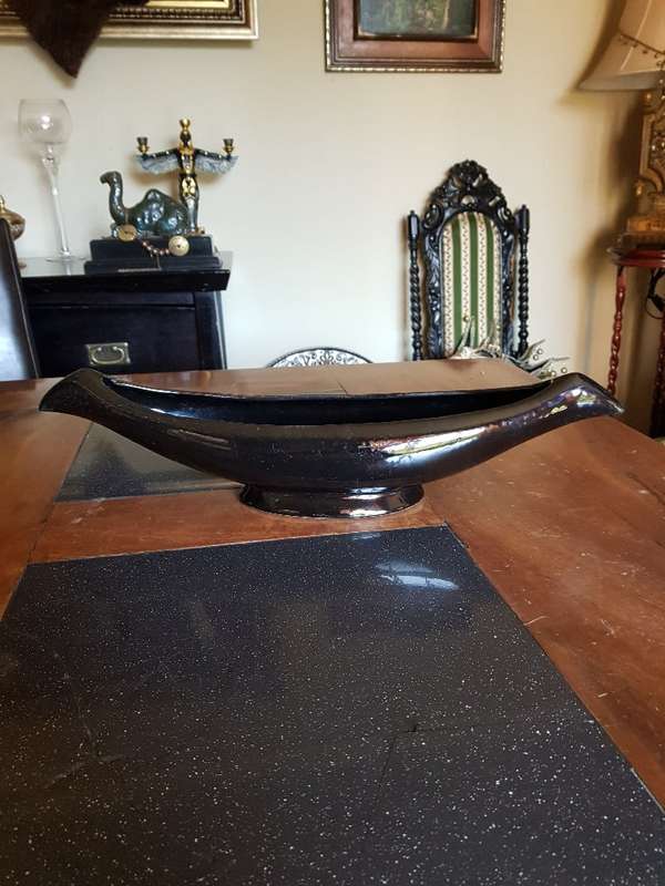 Beautiful Large Black Lucia Ware Boat Vase. Marked