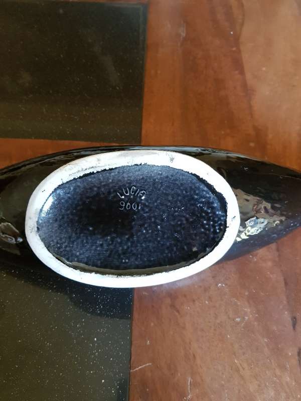 Beautiful Large Black Lucia Ware Boat Vase. Marked