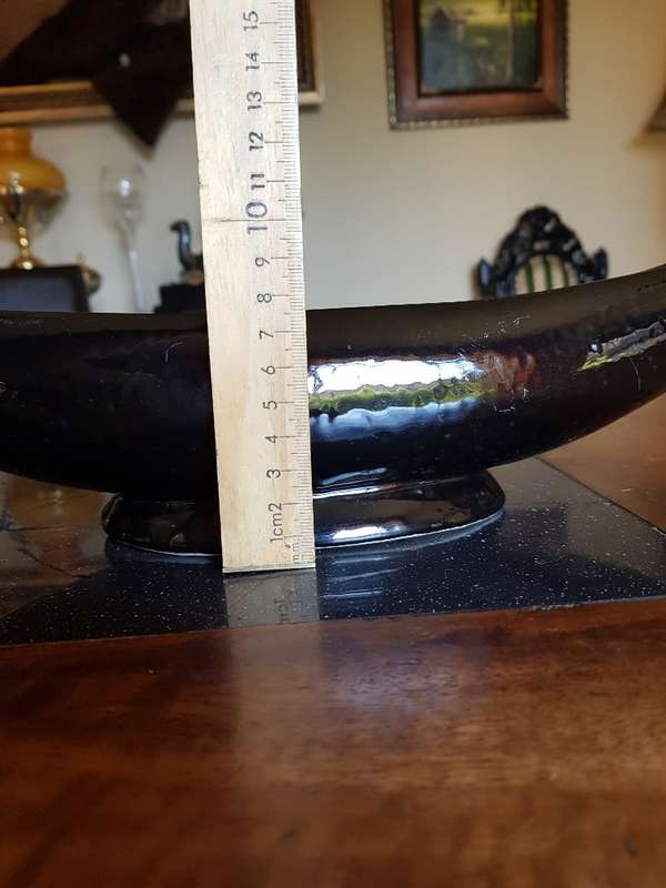 Beautiful Large Black Lucia Ware Boat Vase. Marked