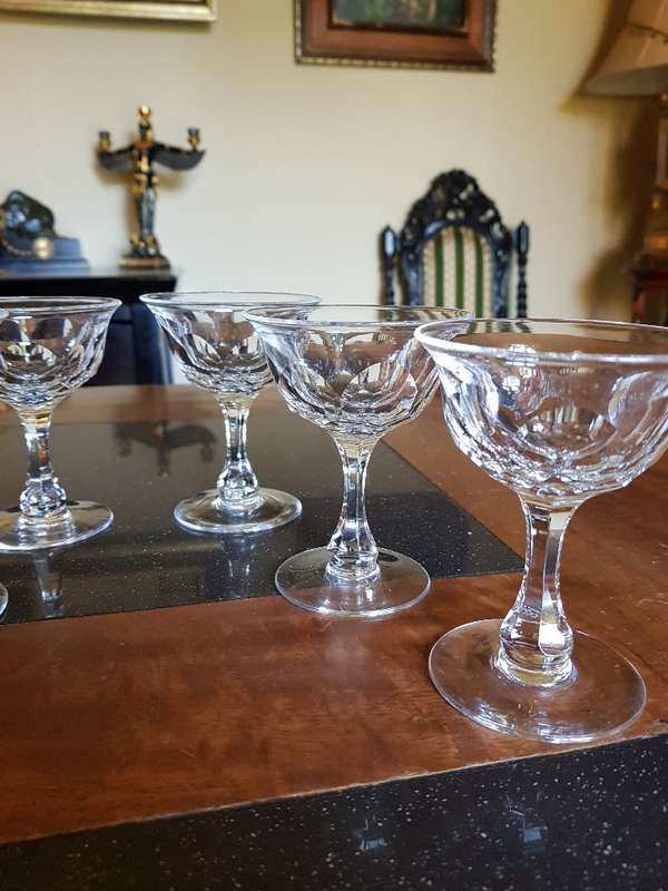 Stunning Set of 6 Webb Crystal Sherbets. Acid Etched Markings Stands 10 cm