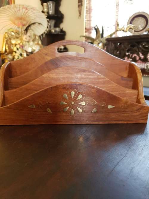 FREE SHIPPING!!!  Stunning Vintage Solid Wood Book Rack with Brass Inlays