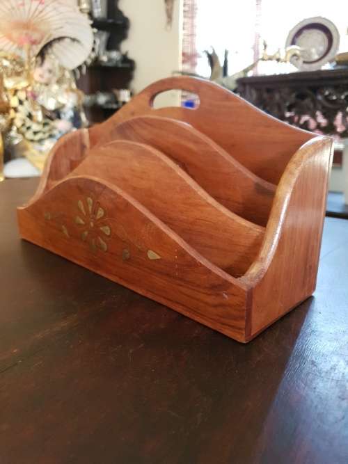 FREE SHIPPING!!!  Stunning Vintage Solid Wood Book Rack with Brass Inlays